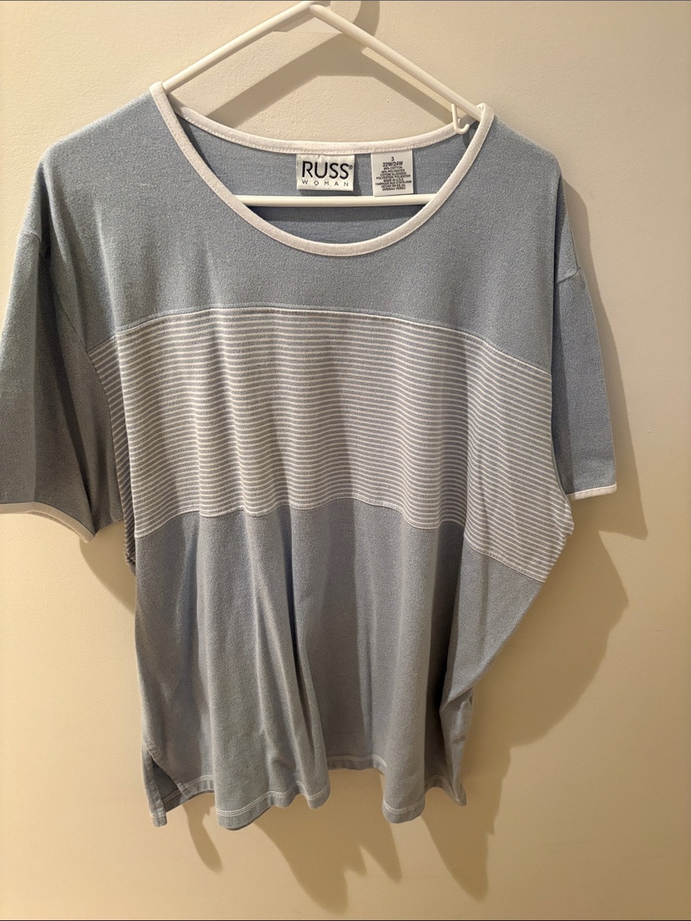 Russ Light Blue Short-Sleeve Stripe Knit Top with White Trim